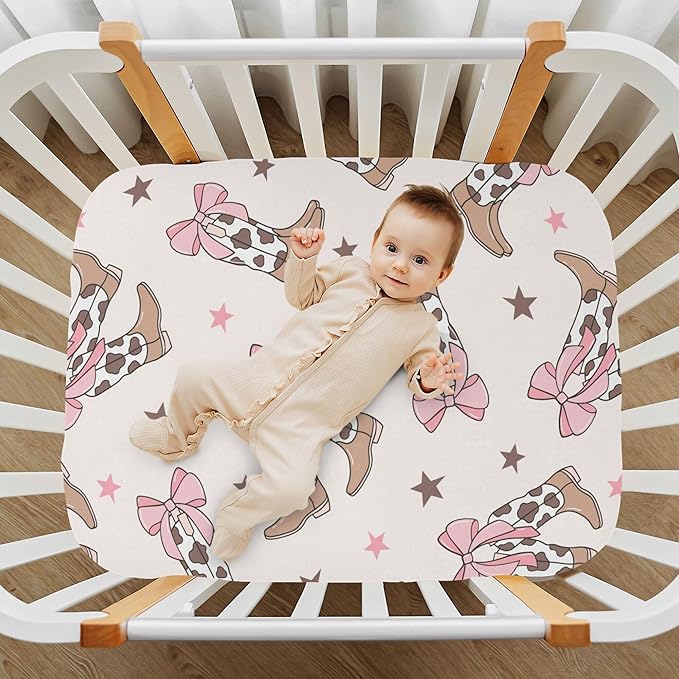Bows Cowgirl Boots Western Crib Sheets Soft Breathable Fitted Baby Crib Sheets Mattress Cover for Girl Boys, 52" x 28" x 9"