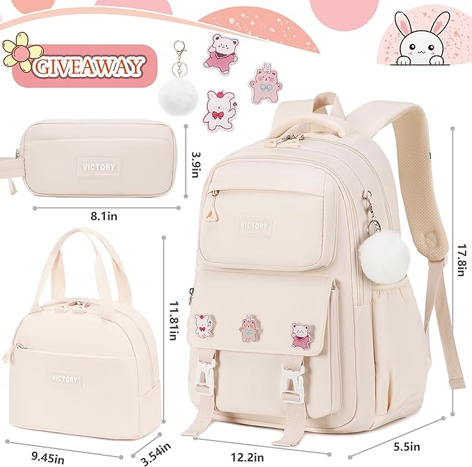 AO ALI VICTORY Backpack for Girls 3 PCS Cute School Backpacks Elementary Kids Book Bag with Lunch Box Pencil Case Set Laptop College Travel Back Pack Large Bookbags for Girl Teens Women Student White