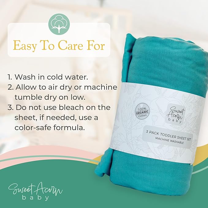 3 Piece Toddler Bedding Sets - Organic Cotton Jersey Knit - Fits Convertible Cribs and Mattresses - 9" x 28" x 52" - Ocean Teal