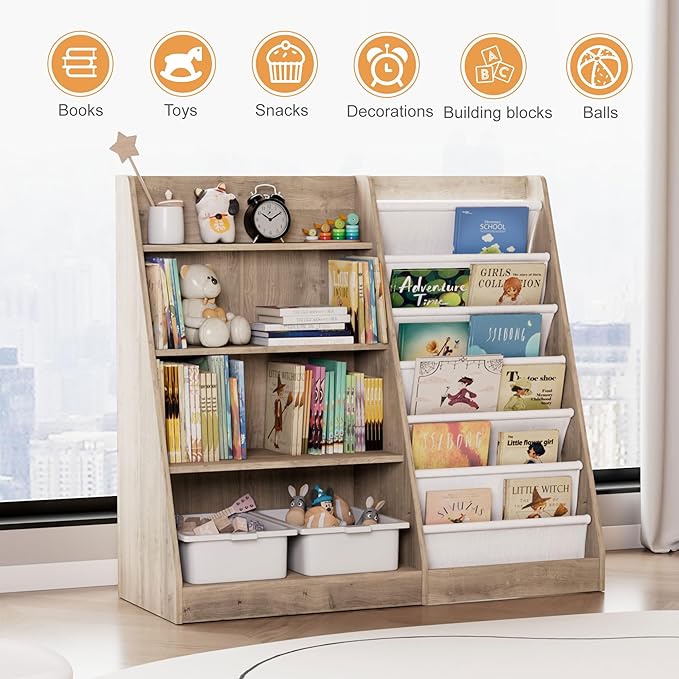 HedoAjim Kids Bookshelf Wood Toy Storage Organizer Cabinet Children Bookcase Toddler Baby Sling Book Rack Adjustable Shelf for Playroom Bedroom Nursery Hallway School Kindergarten