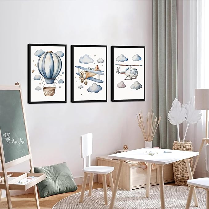 Baby Boy Nursery Wall Art Set of 3, Vintage Blue Travel Boys Room Wall Decor Paintings, Toddler Hot Air Balloon Plane Helicopter Posters Prints Pictures for Kids Room Bedroom 16x24 Inch Wood Framed