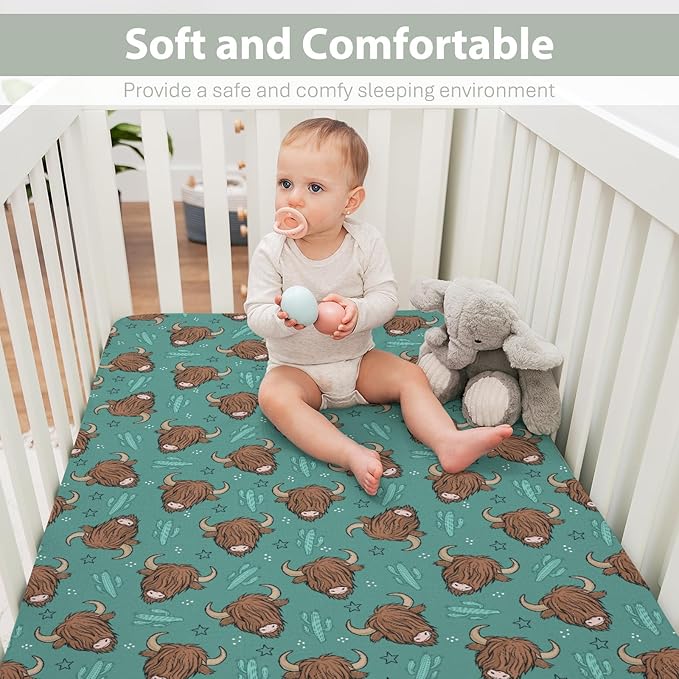 Western Highland Cows Baby Crib Sheets for Boy Girl 28"x52" Boho Cows Green Cactus Stars Soft Snug Fitted Crib Mattress Cover Highland Yak Cattle Baby Sheet for Standard Crib & Toddler Bed Mattress