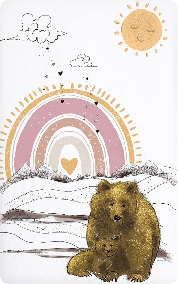 JumpOff Jo - Fitted Mini Crib Sheet for Portable Crib, Playard, and Playpen Mattresses and Mats, Super Soft 100% Cotton, 24 in. x 38 in. - Rainbow Bears