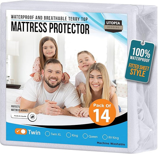 Utopia Bedding Waterproof Mattress Protector Twin Size 14 Pack, Premium 200 GSM Terry Mattress Cover, Soft & Breathable Bed Cover, Fitted Sheet Style with Stretchable Deep Pockets 15" (White)
