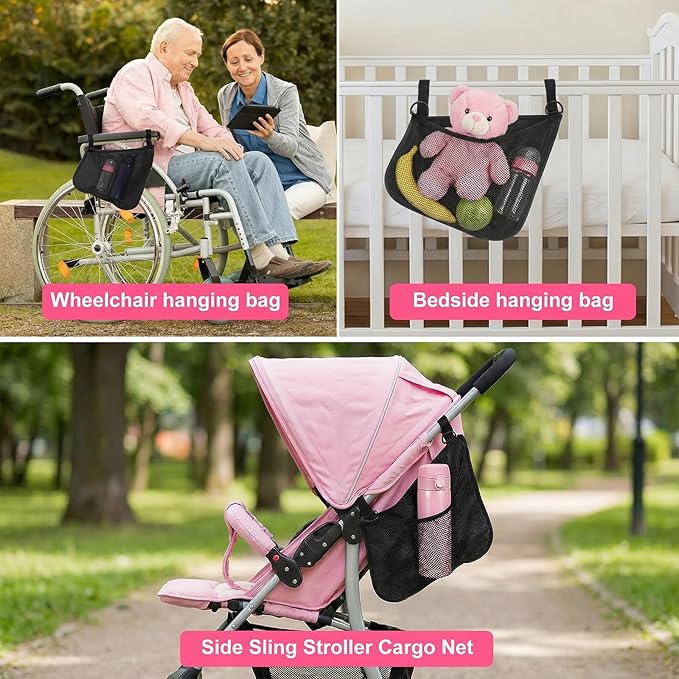 WJIAAA 2 Pack Side Sling Stroller Organizer, Universal Portable Side Sling Stroller with Mesh Cargo Net, Black Adjustable Mesh Storage Bag with Non-Slip Straps for Extra Cargo Space