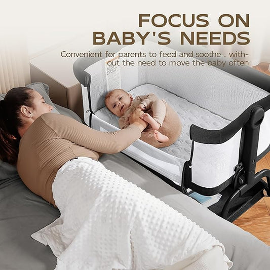 BabyBond Baby Bassinet, 3 in 1 Bassinet Bedside Sleeper with Washable Soft Mattress and Sheet, 6 Height Adjustable Bedside Crib, 4-Sided Mesh Bedside Bassinet for Baby
