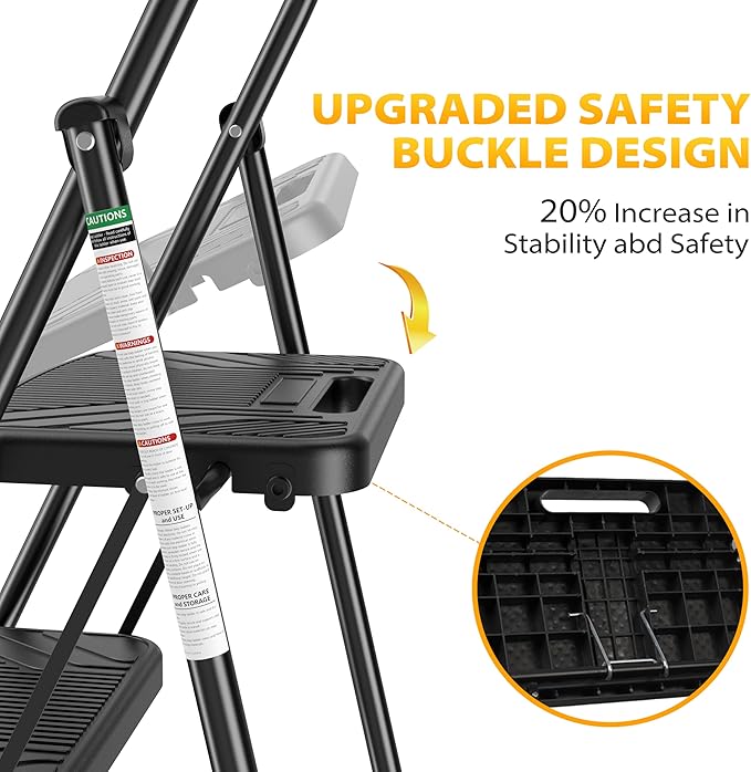 3 Step Ladder, Folding Step Stool with Wide Anti-Slip Pedal and Handrail, Safe-Lock Design, Lightweight, 500lbs Load, Sturdy Steel Ladder, Black