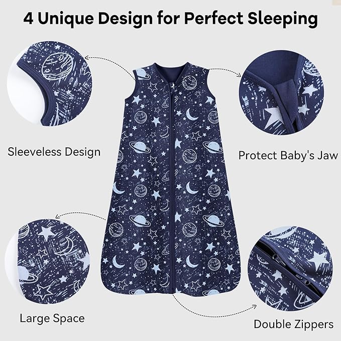 Baby Sleep Sack 12-18 Months 3 Pack 100% Cotton Lightweight 0.5 TOG Wearable Blanket Baby Sleep Bag with 2-Way Zipper for Infant Toddler Blue