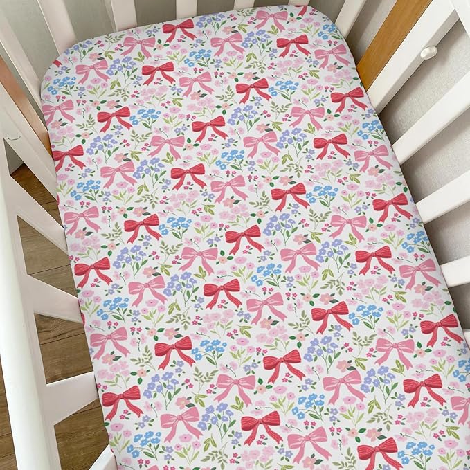 Preppy Pastel Floral Bows Baby Crib Sheets Pink Girly Floral Bows Soft Snug Fitted Crib Mattress Covers for 52''x28'' Standard Crib & Toddler Mattress Boho Spring Flowers Leaves Baby Bed Sheets