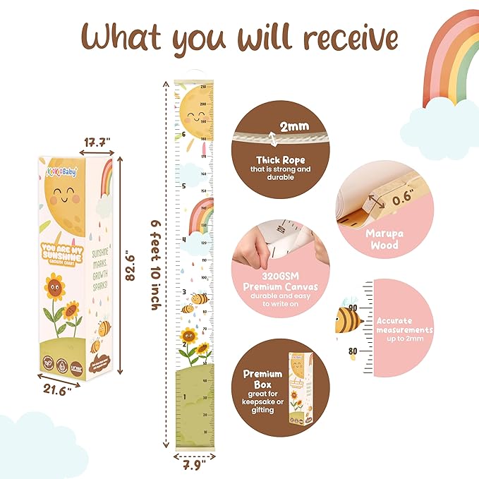 KooKooBaby Kids Growth Chart for Wall - 82"x7.9" Premium Canvas Removable Height Chart for Kids Height Measurement for Wall, Height Chart Measuring for Kids & Baby, Child Height Wall Chart