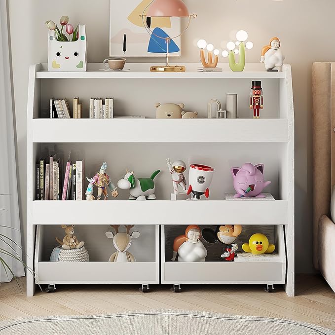 COZPAW Toy Storage Organizer, 3 Tier Montessori Shelf with Movable Bins, Toy Organizers Book Shelf for Kids Room, Playroom, Nursery (White)