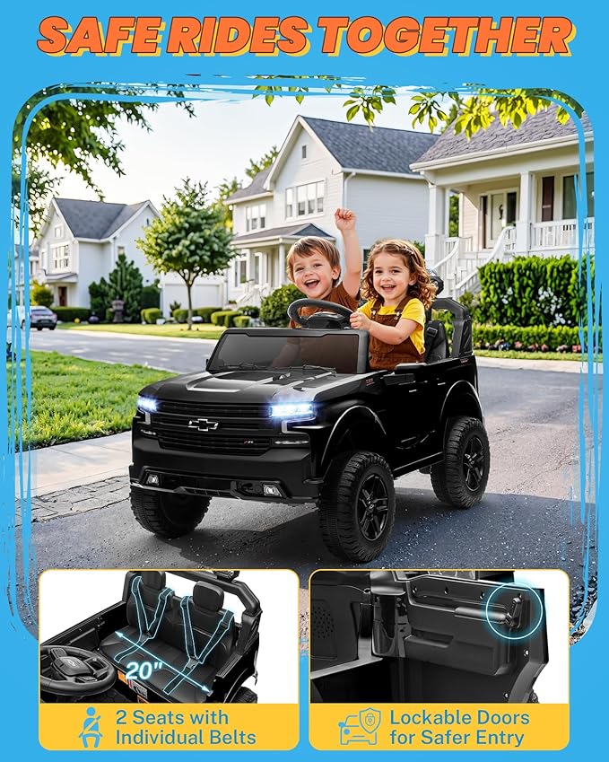 ENYOPRO 24V Ride on Toys for Big Kids, Licensed Chevy Silverado LT Trail Boss 2 Seater Ride on Car for Kids, Toddler Electric Car w/Remote Control, Safety Belt, Truck Bed, LED Lights, Bluetooth, Black