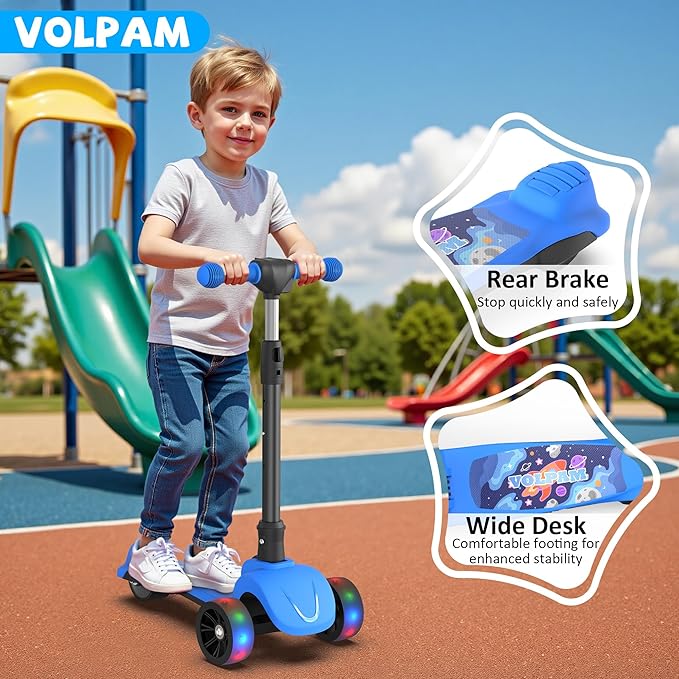 VOLPAM C001 Electric Scooter for Kids, 80W Motor, Max Safe Speed 5MPH, 3 Adjustable Height, Lean-to-Steer, 3.5" Lighted Up Wheel, Foldable Scooter for Boys & Girls, Max Load 110lbs