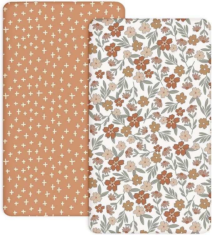 Pack and Play Sheets 2 Pack, Fitted Jersey Knit Mini Crib Sheets for Baby Boys and Girls, Compatible with Graco Pack N Play and Mini Crib Mattress (Rusty Garden, Pack N Play/Mini Crib Sheets)