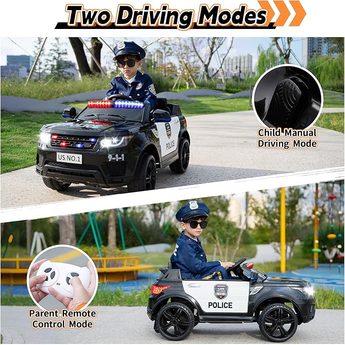 TOBBI Police Car Ride on Electric Car for Kids to Drive Battery Powered Ride-on Toys Cop Cars with Remote Control, Siren, Flashing Lights, Music, Spring Suspension, Carbon Black