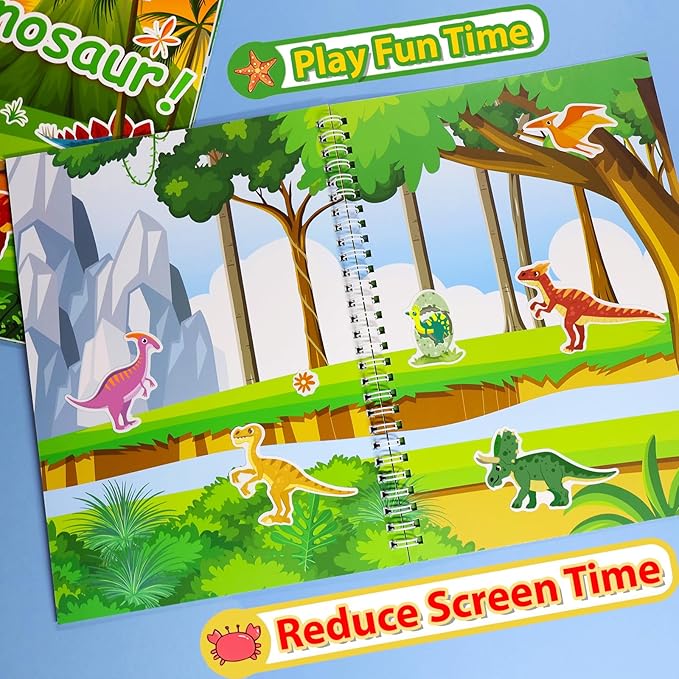 Reusable Sticker Book for Kids 1-3, Jelly Sticker Books for Toddlers 2-4 Years, Dinosaur Stickers for Kids, Toddler Stocking Stuffers＆Travel Essentials Plane Activities (Dinosaur)