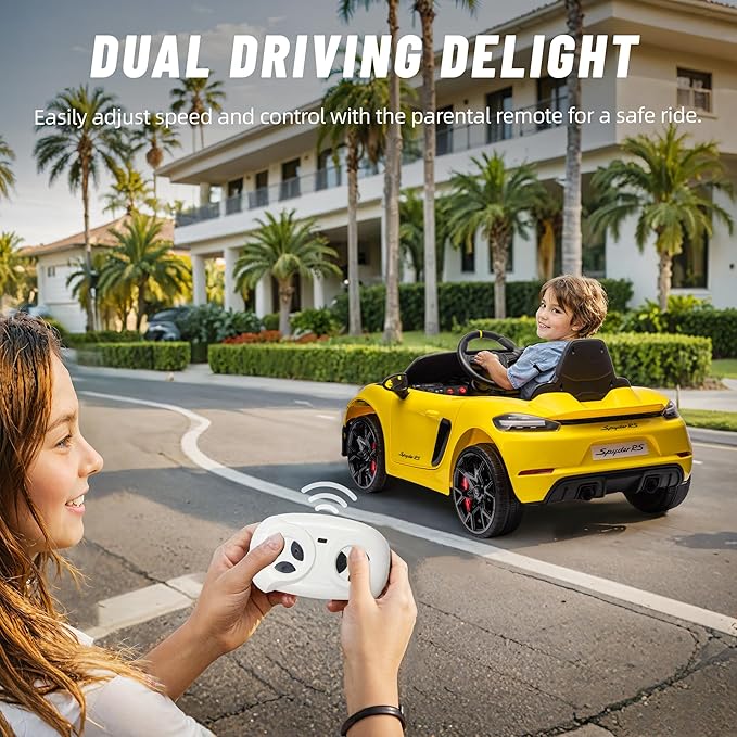 First Ride On Licensed Porsche 718 12V Ride on Toy for Kids, Ride on Car for Toddler, Child Electric Vehicle w/Parent Remote Control, 3 Speeds, Foot Pedal, Music, MP3, Led Headlights (Yellow)