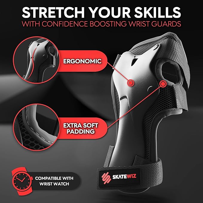 SKATEWIZ Skateboard Pads Protective Gear Set for Kids and Adults - Smash - Roller Skate Pads [6pc] with Wrist Guards - Skating Protective Gear - Roller Derby