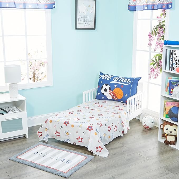 EVERYDAY KIDS 4 Piece Toddler Bedding Set - Jungle Sports - Soft 100% Cotton Percale - Includes Comforter, Flat Sheet, Fitted Sheet and Reversible Pillowcase