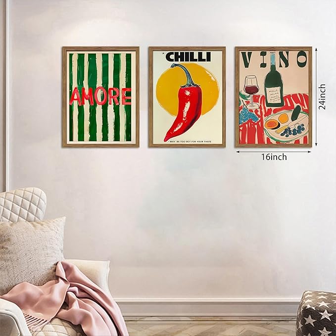 Framed Kitchen Wall Art Set of 3, Abstract Table Food Kitchen Wall Decor, Chilli Pictures Prints Artwork, Vintage Dining Room Canvas Painting, Modern Kitchen Home Decoration – 16x24 inch