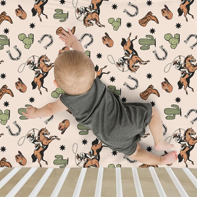Retro Western Cowboy Baby Crib Sheets for Boy Girl 52x28Inch Cowboy Boots Hat Horse Cactus Soft Snug Fitted Crib Mattress Cover Wild West Desert Baby Sheet for Standard Crib & Toddler Mattress Pad