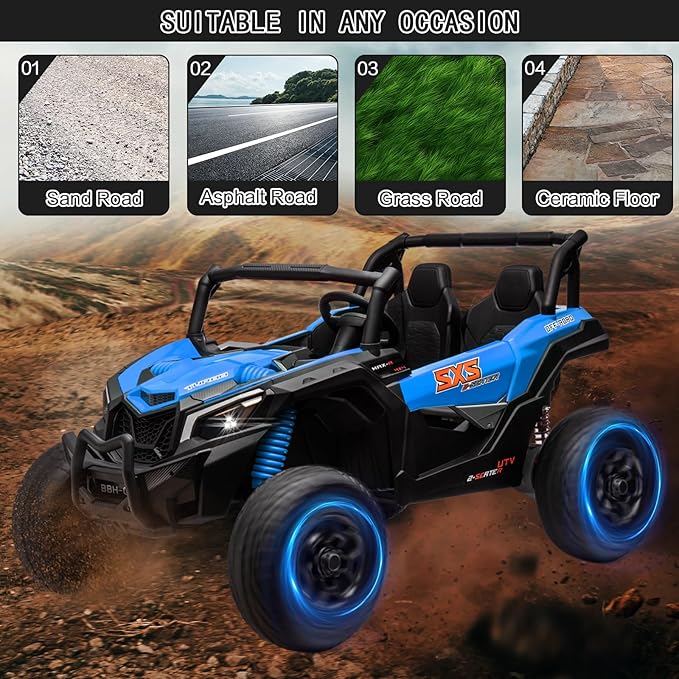 MOLACHI Kids Ride on Car, 24V Children Electric Cars with EVA Wheels, 4WD Kid Remote Control Vehicle, 3 Speeds, LED Lights, 2 Adjustable Seater, 4 Shock Absorbers, Bluetooth, Music & Horn -Blue