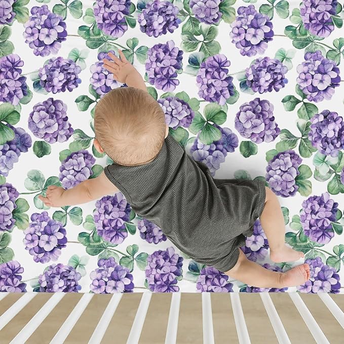 Purple Wildflowers Watercolor Baby Crib Sheets for Boy Girl 28"x52" Retro Hydrangea Floral Leaves Soft Snug Fitted Crib Mattress Cover Spring Garden Baby Sheet for Standard Crib & Toddler Mattress