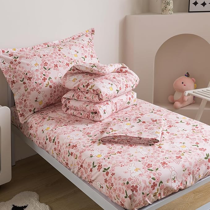 Caressma Twin Size 5 Pieces Pink Comforter Set, Lovely Rabbit Pattern Kids Bedding Set in a Bag with Floral Comforter, Fitted Sheet, Flat Sheet, Pillow Case & Pillow Sham