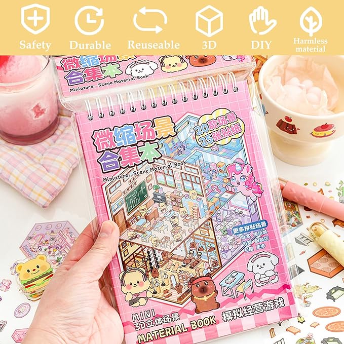 Scene Sticker Book for Kids, 20 Sets of 3D Sticker Scenes for Adults Fun Mini Cute Kawaii Stickers Therapy 3D Scenes Stickers Set Relief Stress Pass The Time, Holiday & Christmas Fun
