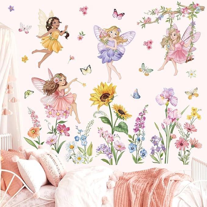 wondever Fairy Flower Wall Stickers Elves Wildflower Sunflower Peel and Stick Wall Art Decals for Girls Bedroom Kids Room Baby Nursery