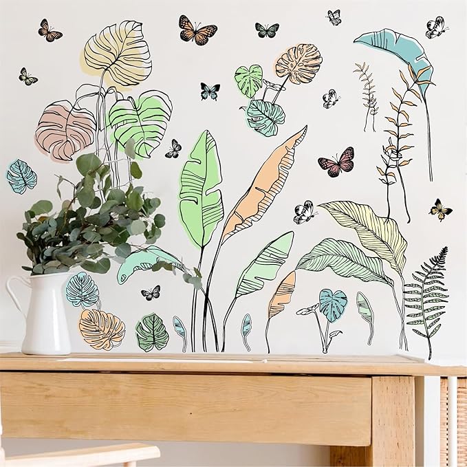 Palm Leaves Wall Decals Boho Tropical Leaves Wall Sticker Removable Green Plant Leaf Walls Decal Peel and Stick Tropical Leave Butterflies Vinyl Art Mural for Bedroom Living Room TV Background Decor