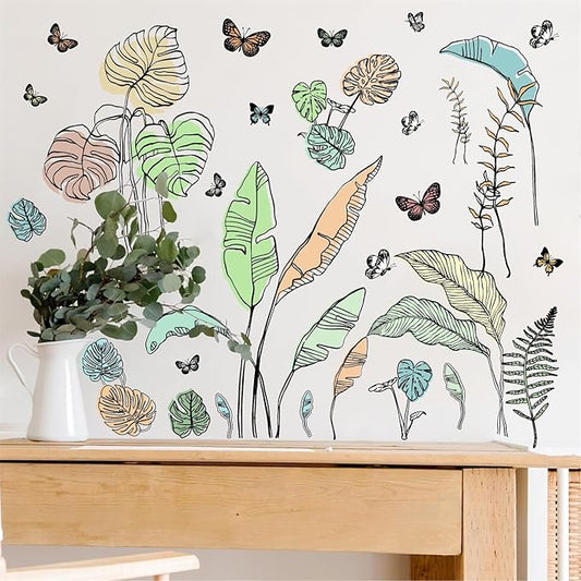 Palm Leaves Wall Decals Boho Tropical Leaves Wall Sticker Removable Green Plant Leaf Walls Decal Peel and Stick Tropical Leave Butterflies Vinyl Art Mural for Bedroom Living Room TV Background Decor