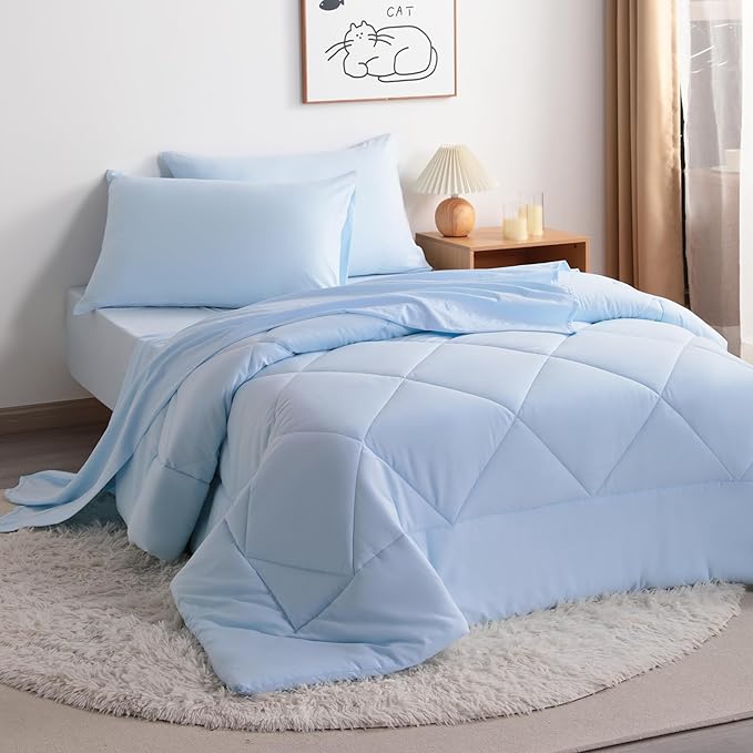 FLXXIE 5 Pieces Toddler Bedding Set, Soft and Breathable Microfiber Crib Sheet Set, Includes Quilted Comforter, Flat Top Sheet, Fitted Sheet, Envelope Pillow Case for Boys and Girls, Aqua