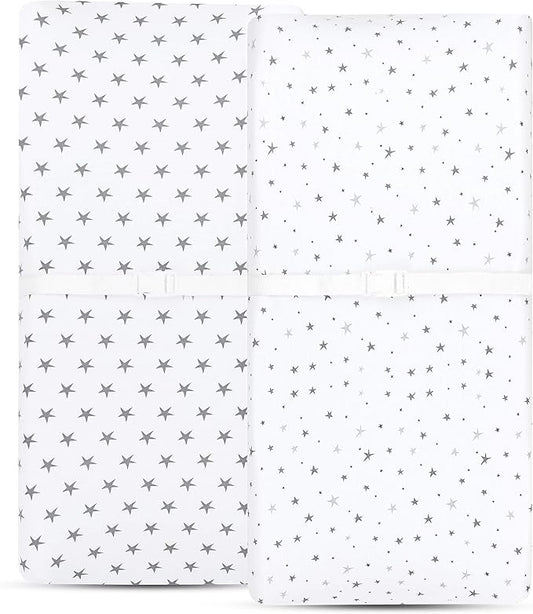 Ely’s & Co. Patent Pending Waterproof Changing Pad Cover|Cradle Sheet 2-Pack Set for Baby Boy - 100% Cotton, Jersey Knit Cotton Sheets with Waterproof Lining — Grey Stars