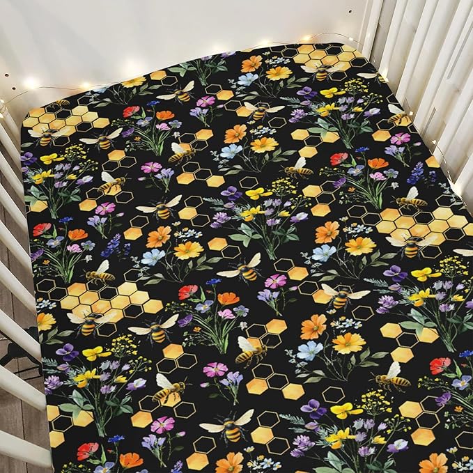 Boho Wildflower Bees Honeycomb Baby Crib Sheets for Boy Girl 52x28Inch Watercolor Honeybee Floral Soft Snug Fitted Crib Mattress Cover Summer Baby Sheet for Standard Crib and Toddler Bed Mattress