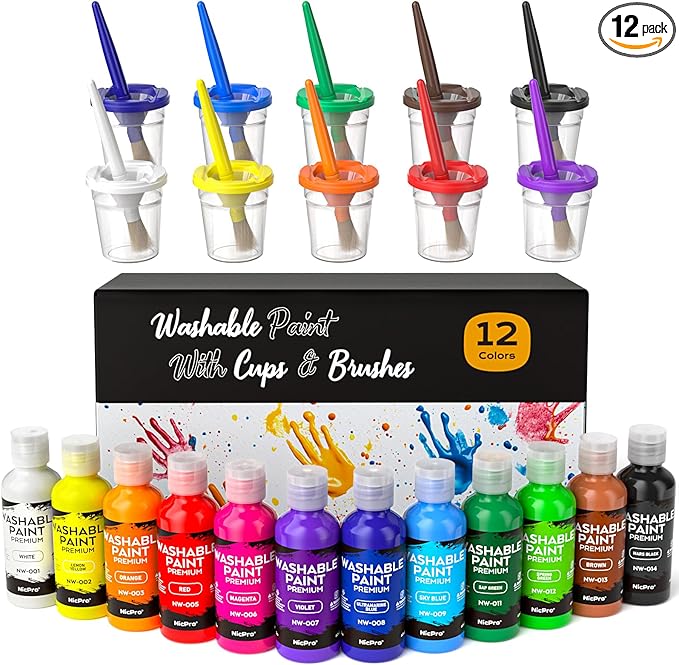 Nicpro 12Colors Washable Paint for Kids(2 oz), Finger Paint Set with Paint Cups and Toddler Paintbrushes, Non Toxic & Mess Free Kids Painting Set for Children Age 1-3 4 5 6+ Preschool Learning Gifts