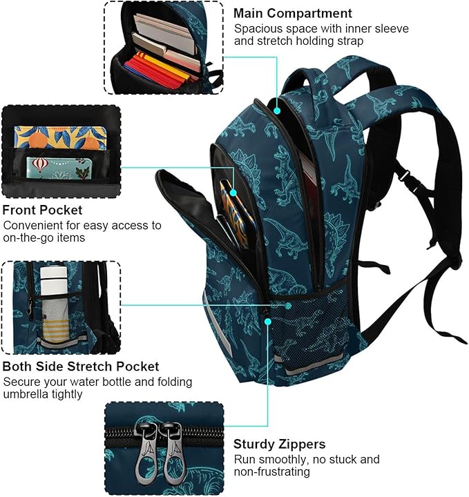 MNSRUU School Backpack with Chest Strap, Dinosaur Pattern Laptop Backpack, Travel Hiking Backpack for Boys Girls, Rucksack, Knapsack One Size