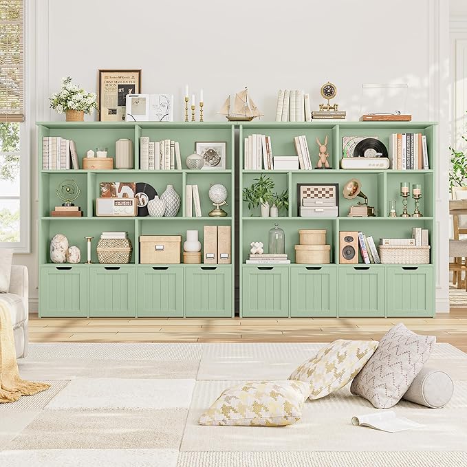FINETONES Storage Organizer, Bookshelf with 4 Movable Chests and 7 Storage Cubes, Chest Storage with Hidden Wheels, Organizers and Storage, Green