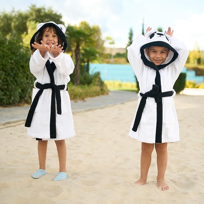 BAGNO MILANO Kids Organic Turkish Cotton Hooded Beach Cover-Up Towel, GOTS Certified, for Boys and Girls (Panda White, 7-8 Years)