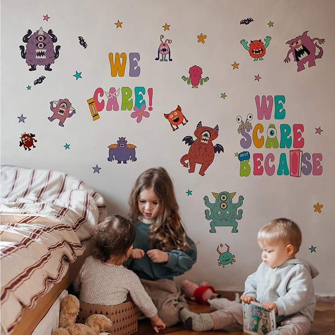 Monsters Wall Stickers for Kids, Monsters Wall Stickers for Children Room, We Scare Because We Care Stickers, Monsters Removable Stickers for Baby Nursery Bedroom Living Room Playroom Wall Decoration
