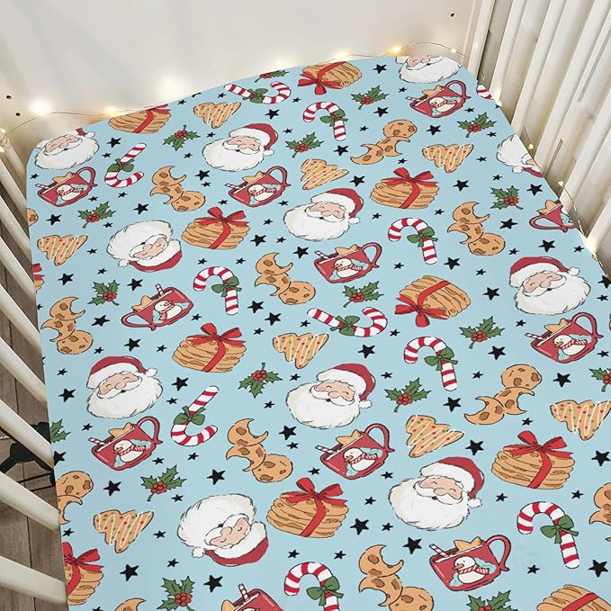 Sweet Christmas Blue Baby Crib Sheets for Boy Girl 52x28 Santa Claus Cherry Fir Candy Soft Snug Fitted Crib Mattress Cover Winter Holiday Festival Baby Sheet for Standard Crib & Toddler Bed Mattress