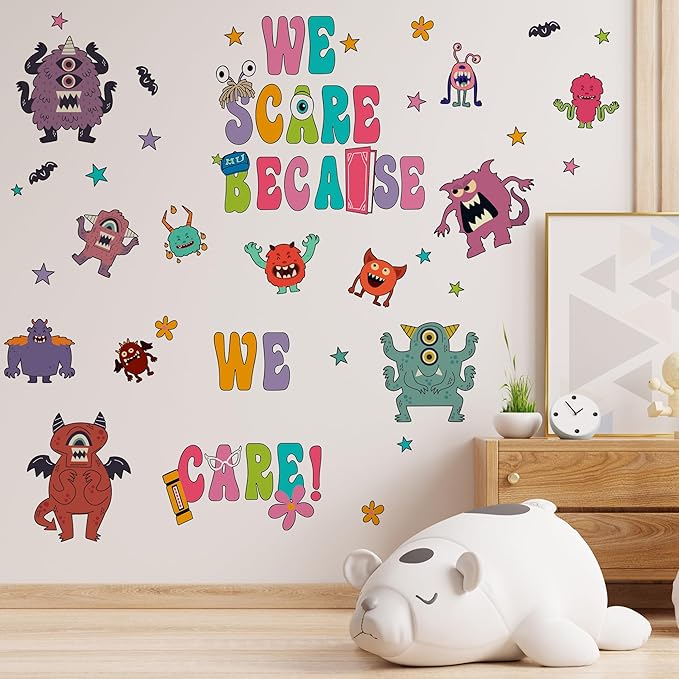 Monsters Wall Stickers for Kids, Monsters Wall Stickers for Children Room, We Scare Because We Care Stickers, Monsters Removable Stickers for Baby Nursery Bedroom Living Room Playroom Wall Decoration