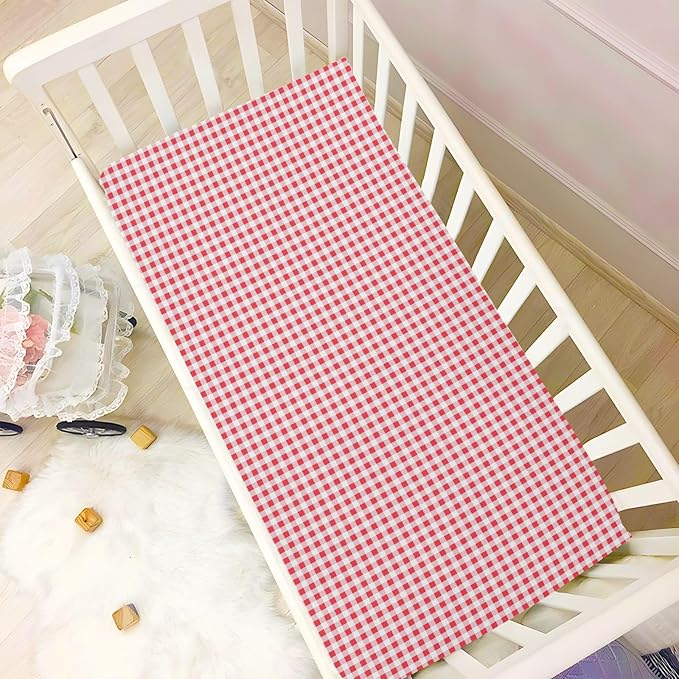 Fitted Crib Sheets for Boys Girls, Red and White Plaid Soft Breathable Mattress Cover for Standard Crib & Toddler Bed Mattress, 52 * 28 in.