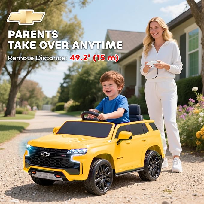 Aosom Licensed Chevrolet Tahoe Ride On Car, 12V 7AH Battery Power Ride On Toy with Parent Remote Control, LED Lights, Music, 4 Wheeler Suspension, 3 Speeds, Kids Electric Vehicle for Aged 3+, Yellow
