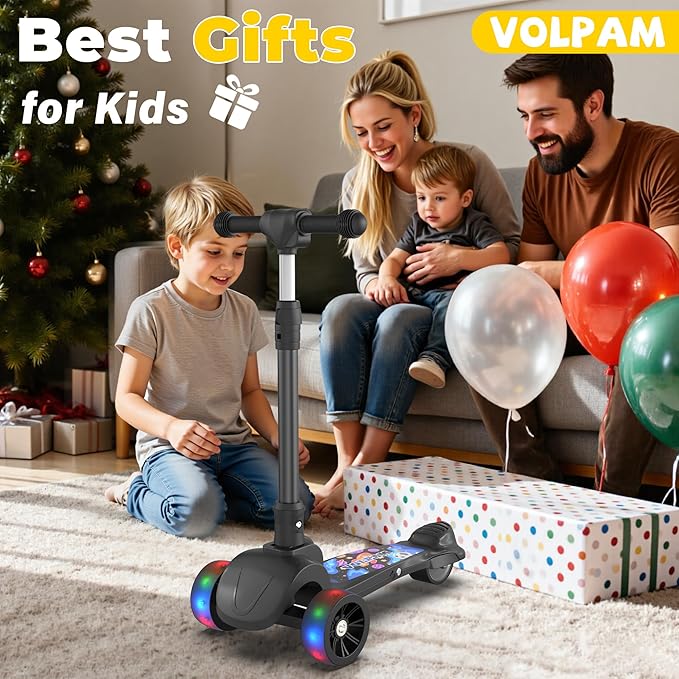 VOLPAM C001 Electric Scooter for Kids, 80W Motor, Max Safe Speed 5MPH, 3 Adjustable Height, Lean-to-Steer, 3.5" Lighted Up Wheel, Foldable Scooter for Boys & Girls, Max Load 110lbs