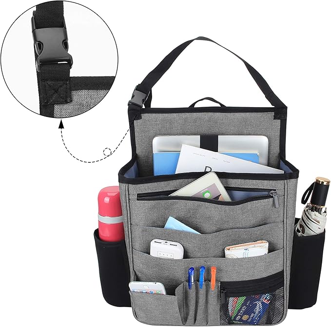 LUXJA Car Front Seat Organizer with Laptop and Tablet Storage Pockets, Car Seat Organizer with Back Adjustable Straps, Gray