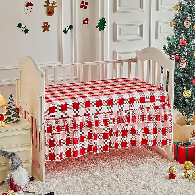 Christmas Crib Bedding Set 3 Pcs Pink Red Plaid with Gingerbread Man, Soft Quilted Comforter Sheet & Skirt, Festive Baby Crib Bedding