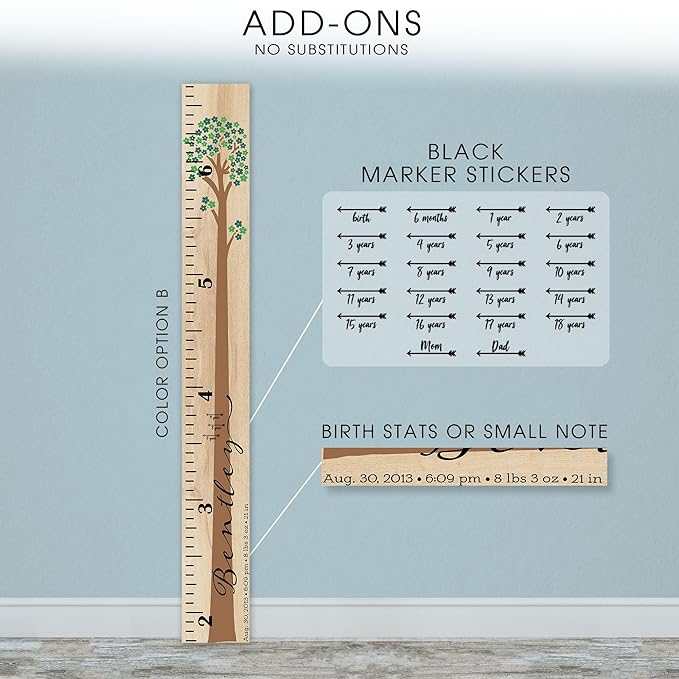 Wooden Kids Growth Height Chart Ruler for Boys and Girls Painted or Engraved (Floral Tree)