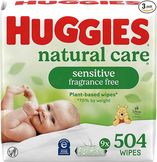 Huggies Natural Care Sensitive Baby Wipes, Unscented, Hypoallergenic, 99% Purified Water, 9 Flip-Top Packs (3 packs of 3), 504 Total Wipes (56 Wipes per pack), Packaging May Vary