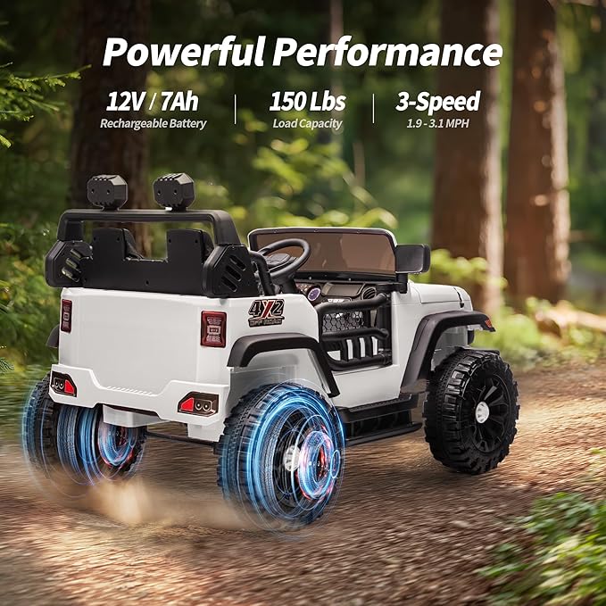 2 Seater Ride on Car Toy, 12V Electric Car for Kids 4-8 with Remote Control, Capacity 150 lb, LED Light - White